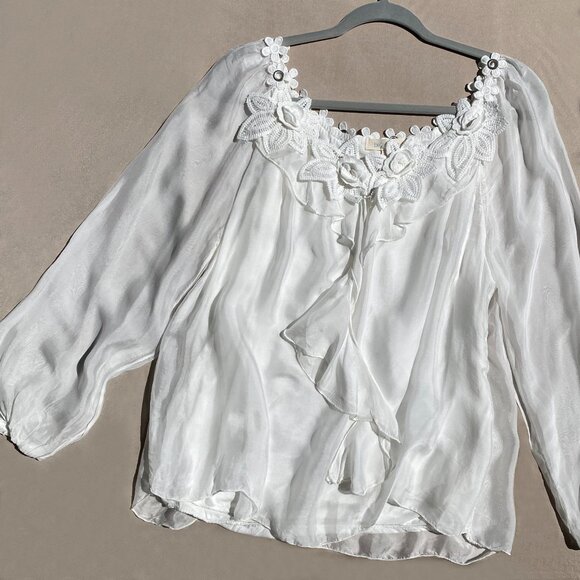 Belle France White Silk Blouse Sheer Sleeves Crocheted Floral Neck Size S - Picture 1 of 9